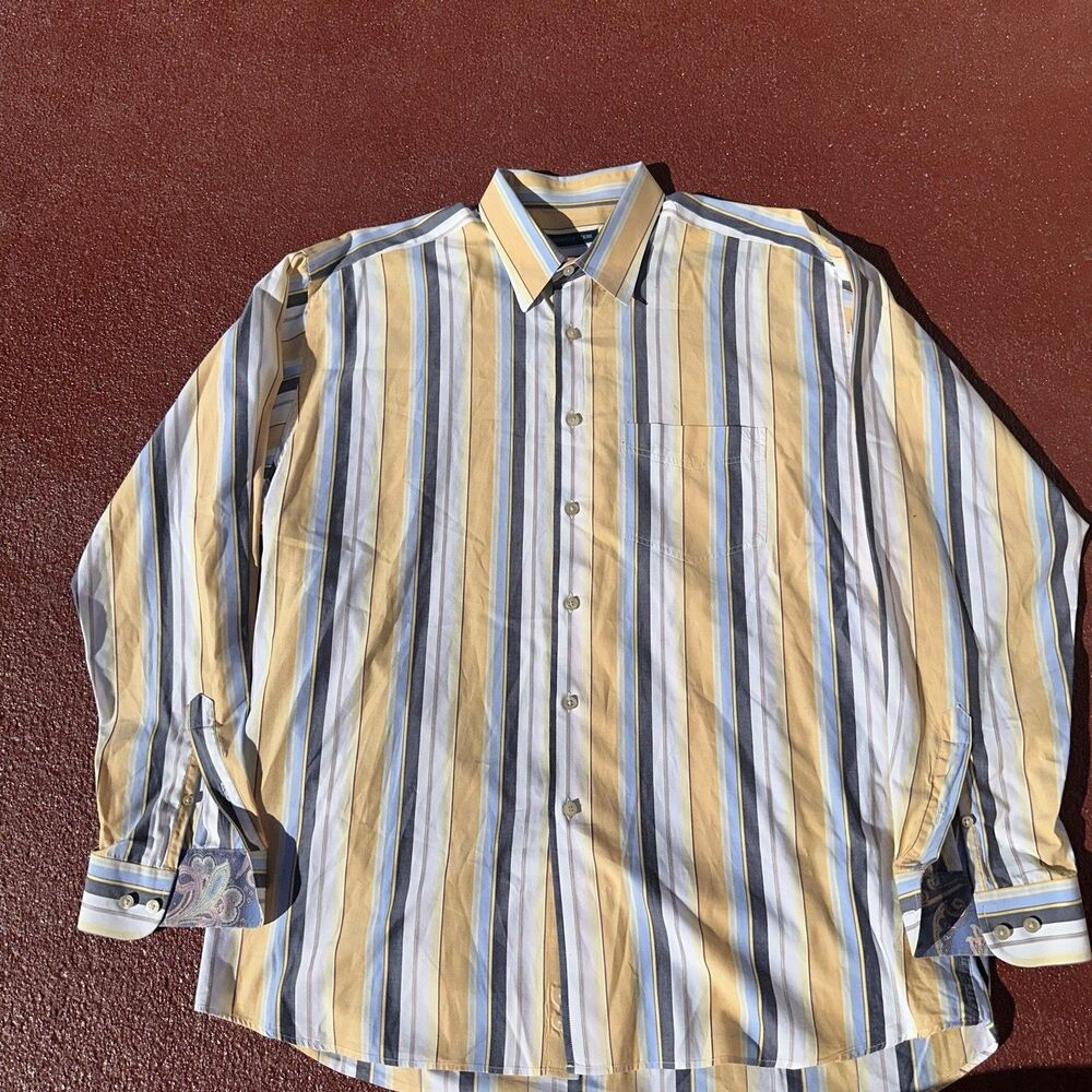 McKenzie Tribe striped button-up shirt in yellow, blue, and white. XL